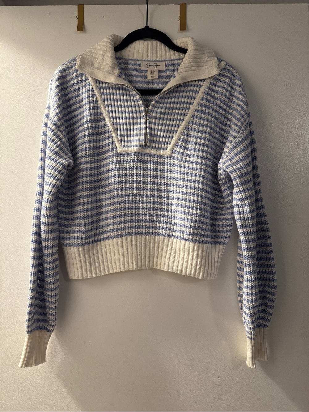 Jessica Simpson Blue and Cream Houndstooth Half-Zip Sweater